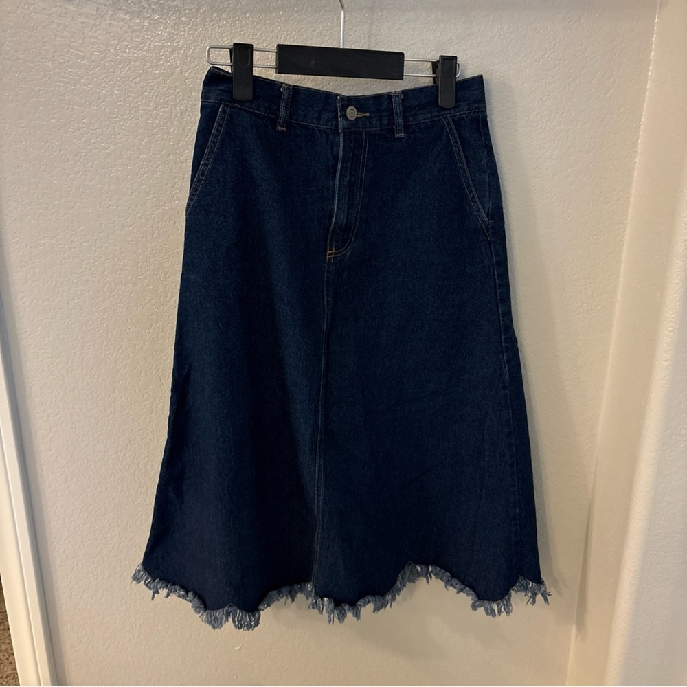 Denim Midi Skirt with Frayed Hem from Japan